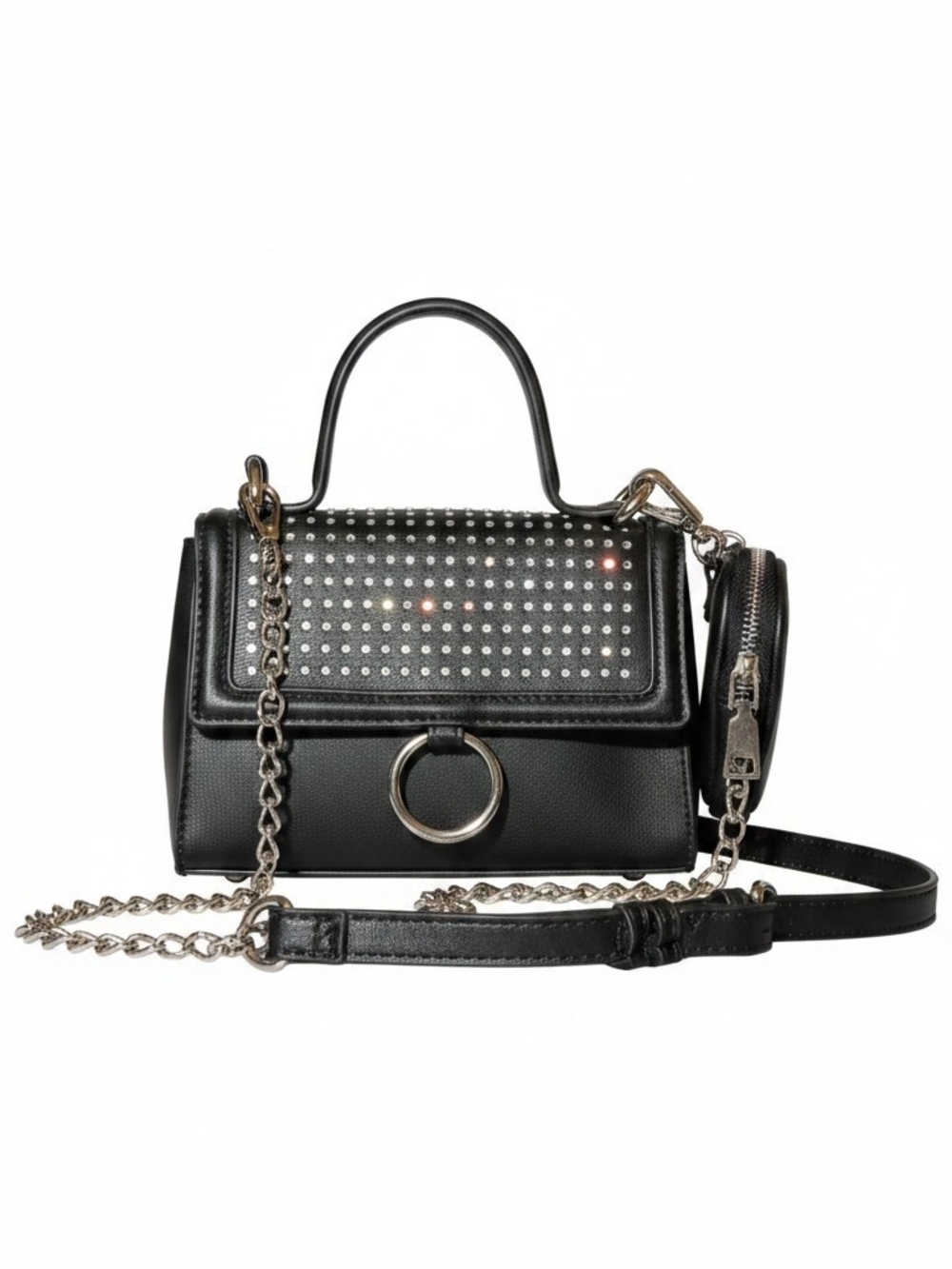Black Stud-Embellished Top-Handle Satchel with Chain Strap